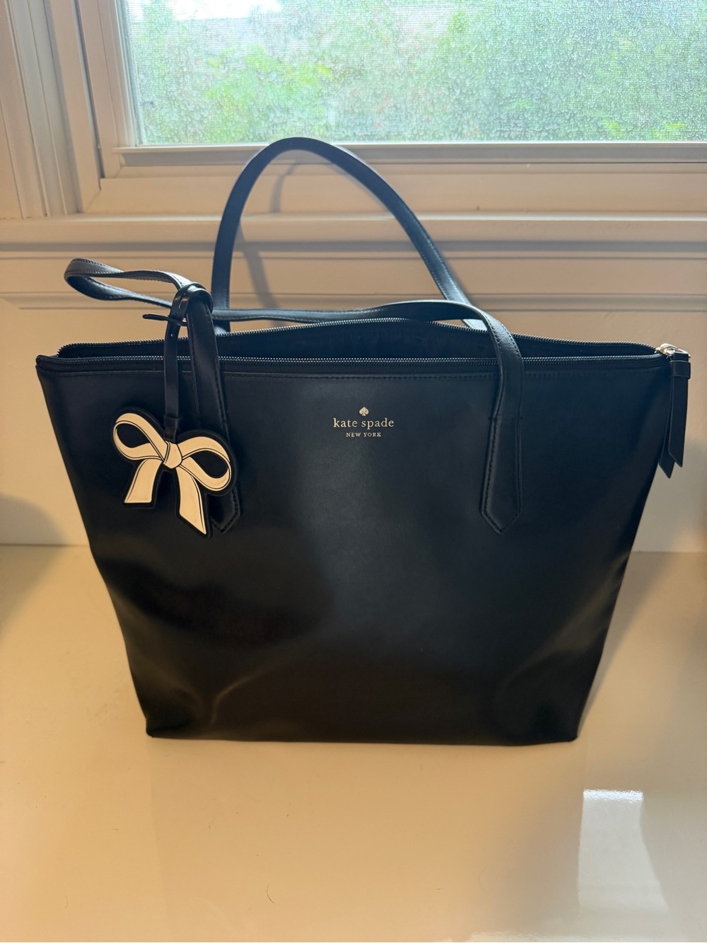 kate spade Black Leather Tote with Bow Charm